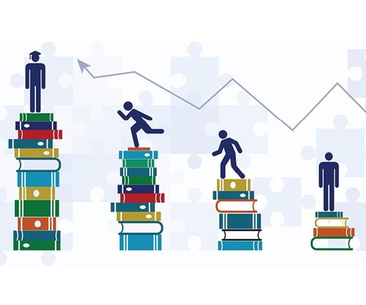 Graphic of figures standing on escalating series of books